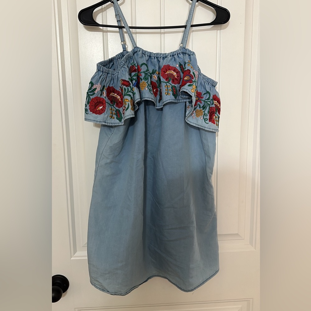 Off the shoulder embroidered floral denim mini dress size M